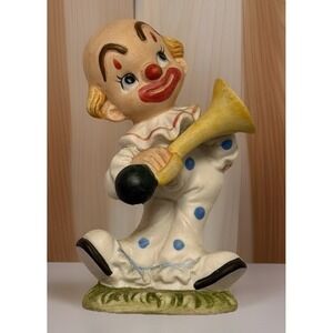 Lefton Porcelain Horn Clown Figurine Holding Horn #02356 1987 Art Deco Whimsical